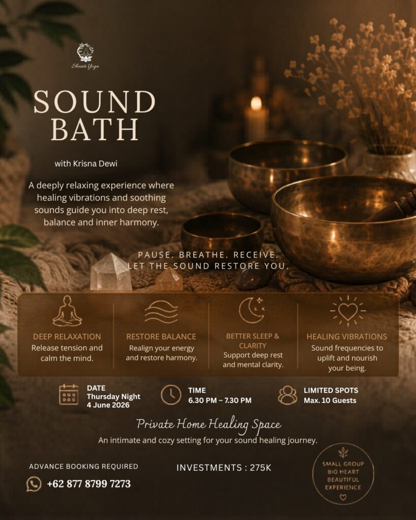 Welcome to Shanti Yoga, a peaceful healing space in Kuta Lombok Indonesia offering private yoga classes, yoga home service, yoga on call, meditation, zen harmony, and sound healing experiences for travelers, tourists, couples, beginners, and wellness seekers. We provide personalized yoga sessions at your villa, hotel, house, or private space in Kuta Lombok with relaxing tropical vibes and professional guidance from Krisna Dewi. Enjoy private yoga in Lombok for flexibility, mindfulness, stress relief, relaxation, body balance, and inner peace while surrounded by the natural beauty of Lombok Indonesia. Our yoga and healing services include meditation classes, chakra healing, sound bath therapy, holistic wellness programs, and spiritual healing sessions designed to help you reconnect with yourself and restore positive energy. Shanti Yoga Kuta Lombok Indonesia is the perfect destination for wellness retreats, private yoga experiences, healing journeys, and peaceful meditation escapes near the beach and tropical nature of Lombok. Shanti Yoga Kuta Lombok Indonesia offers professional private yoga services, yoga at your house, yoga retreat experiences, and healing meditation sessions for guests looking for wellness, relaxation, mindfulness, and holistic healing in Lombok Indonesia. Our healing space combines yoga, sound healing, zen harmony, meditation, breathwork, and wellness therapy to create a calming atmosphere for the body and mind. Whether you are searching for yoga home service in Kuta Lombok, sound healing therapy in Lombok Indonesia, or private meditation classes near the beach, Shanti Yoga provides personalized sessions tailored to your needs and experience level. Experience yoga in paradise with tropical surroundings, peaceful energy, and authentic healing practices designed to support relaxation, flexibility, balance, and spiritual wellness in Kuta Lombok Indonesia. Discover the beauty of yoga, meditation, and holistic healing with Shanti Yoga, one of the best private yoga and sound healing experiences in Lombok Indonesia. We specialize in yoga on call, villa yoga service, hotel yoga sessions, private yoga classes, and sound bath healing therapy in Kuta Lombok. Perfect for solo travelers, couples, digital nomads, and wellness retreat guests, our sessions focus on mindfulness, body awareness, stress reduction, flexibility, and positive energy healing. Located in the heart of Kuta Lombok Indonesia, Shanti Yoga creates a peaceful sanctuary where guests can enjoy meditation, chakra balancing, healing sound therapy, and relaxing yoga classes in a tropical and spiritual environment.