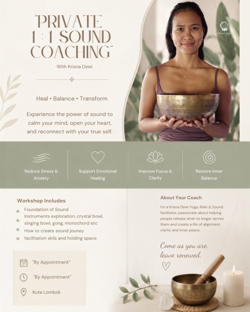 Welcome to Shanti Yoga, a peaceful healing space in Kuta Lombok Indonesia offering private yoga classes, yoga home service, yoga on call, meditation, zen harmony, and sound healing experiences for travelers, tourists, couples, beginners, and wellness seekers. We provide personalized yoga sessions at your villa, hotel, house, or private space in Kuta Lombok with relaxing tropical vibes and professional guidance from Krisna Dewi. Enjoy private yoga in Lombok for flexibility, mindfulness, stress relief, relaxation, body balance, and inner peace while surrounded by the natural beauty of Lombok Indonesia. Our yoga and healing services include meditation classes, chakra healing, sound bath therapy, holistic wellness programs, and spiritual healing sessions designed to help you reconnect with yourself and restore positive energy. Shanti Yoga Kuta Lombok Indonesia is the perfect destination for wellness retreats, private yoga experiences, healing journeys, and peaceful meditation escapes near the beach and tropical nature of Lombok. Shanti Yoga Kuta Lombok Indonesia offers professional private yoga services, yoga at your house, yoga retreat experiences, and healing meditation sessions for guests looking for wellness, relaxation, mindfulness, and holistic healing in Lombok Indonesia. Our healing space combines yoga, sound healing, zen harmony, meditation, breathwork, and wellness therapy to create a calming atmosphere for the body and mind. Whether you are searching for yoga home service in Kuta Lombok, sound healing therapy in Lombok Indonesia, or private meditation classes near the beach, Shanti Yoga provides personalized sessions tailored to your needs and experience level. Experience yoga in paradise with tropical surroundings, peaceful energy, and authentic healing practices designed to support relaxation, flexibility, balance, and spiritual wellness in Kuta Lombok Indonesia. Discover the beauty of yoga, meditation, and holistic healing with Shanti Yoga, one of the best private yoga and sound healing experiences in Lombok Indonesia. We specialize in yoga on call, villa yoga service, hotel yoga sessions, private yoga classes, and sound bath healing therapy in Kuta Lombok. Perfect for solo travelers, couples, digital nomads, and wellness retreat guests, our sessions focus on mindfulness, body awareness, stress reduction, flexibility, and positive energy healing. Located in the heart of Kuta Lombok Indonesia, Shanti Yoga creates a peaceful sanctuary where guests can enjoy meditation, chakra balancing, healing sound therapy, and relaxing yoga classes in a tropical and spiritual environment.
